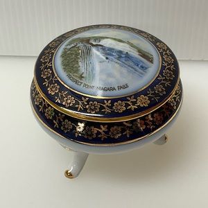 VINTAGE Trinket Box Niagara Falls Porcelain Round Lidded Footed Germany Blue +